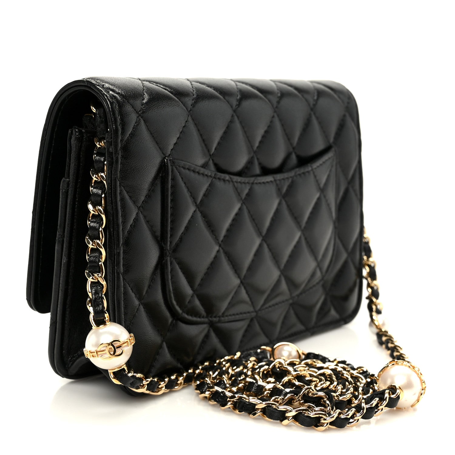 Chanel Shiny Lambskin Quilted CC Pearl Wallet on Chain WOC Black 3 of 13