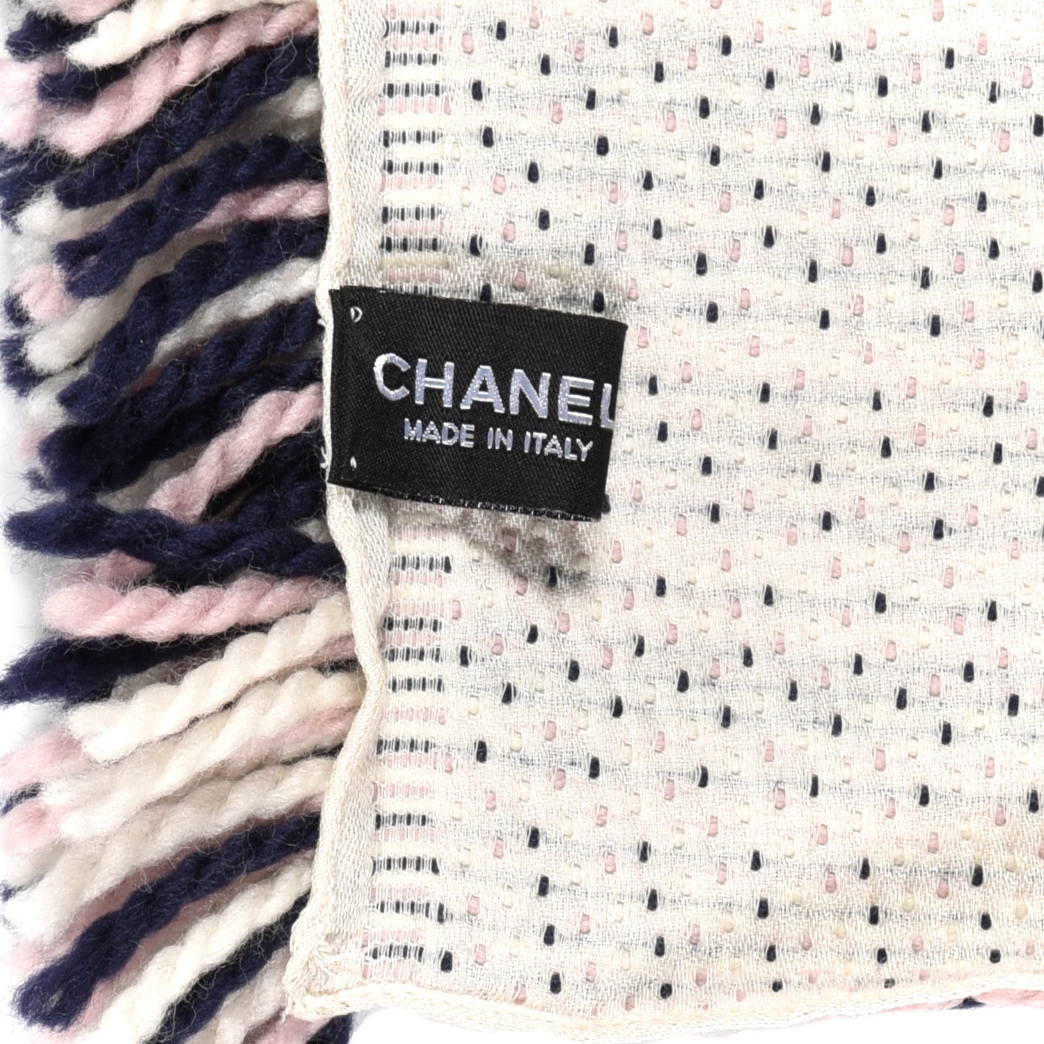Chanel Wool Silk Logo CC Fringe Scarf Navy Pink Ivory 4 of 4