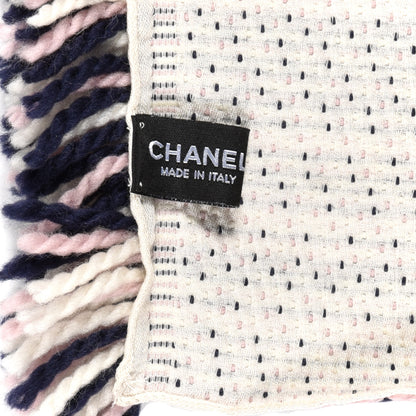 Chanel Wool Silk Logo CC Fringe Scarf Navy Pink Ivory 4 of 4