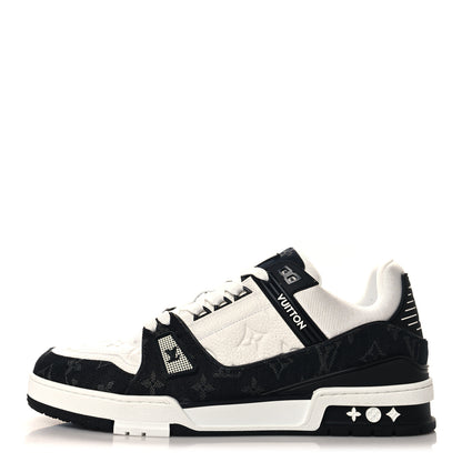 Louis Vuitton Calfskin Monogram Denim Mens LV Trainer Sneakers 10 Black 1 of 8