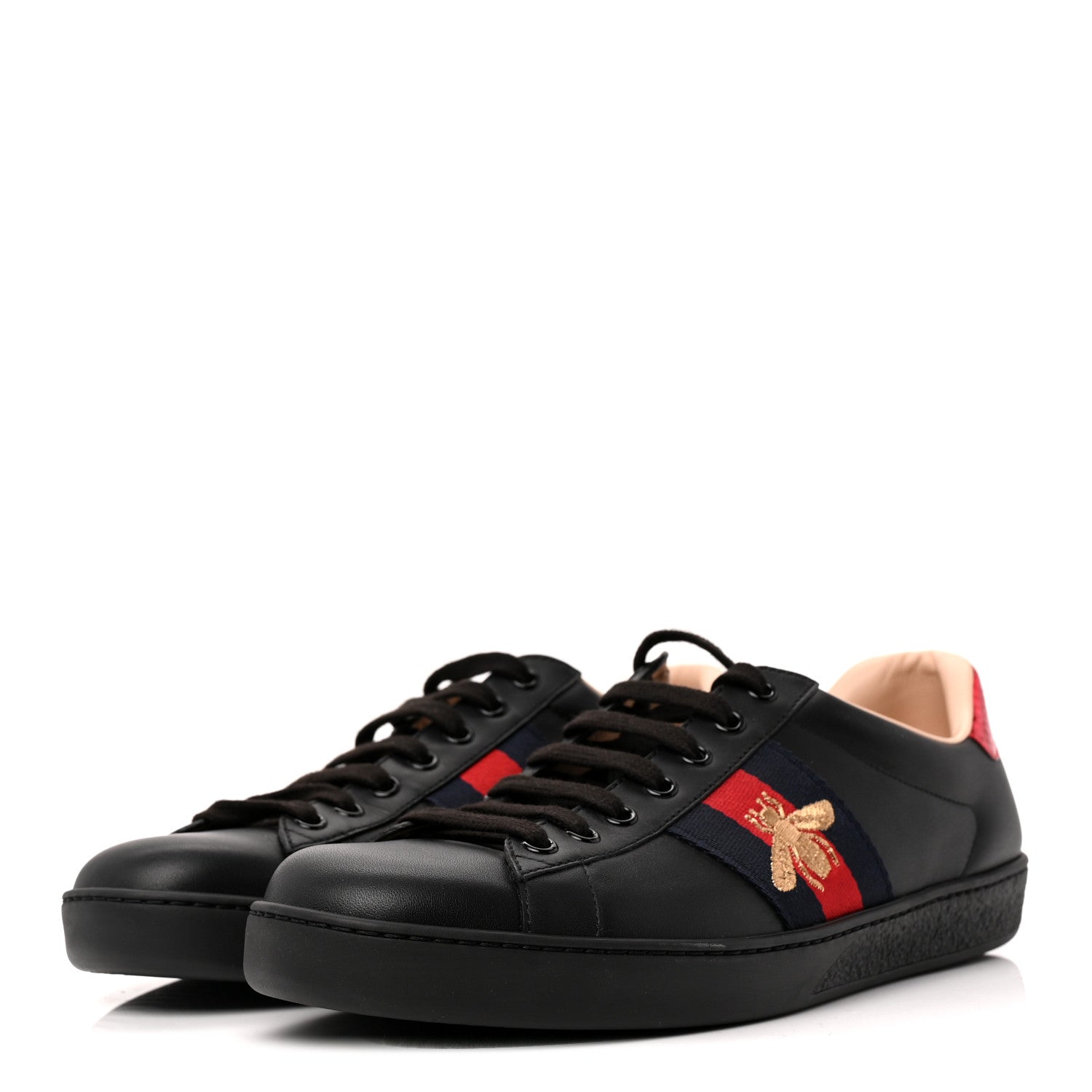 Gucci Miro Soft Calfskin Laminated Ayers Web Bee Embroidered Mens Ace Sneakers 7.5 Black Red Flame Night 4 of 9