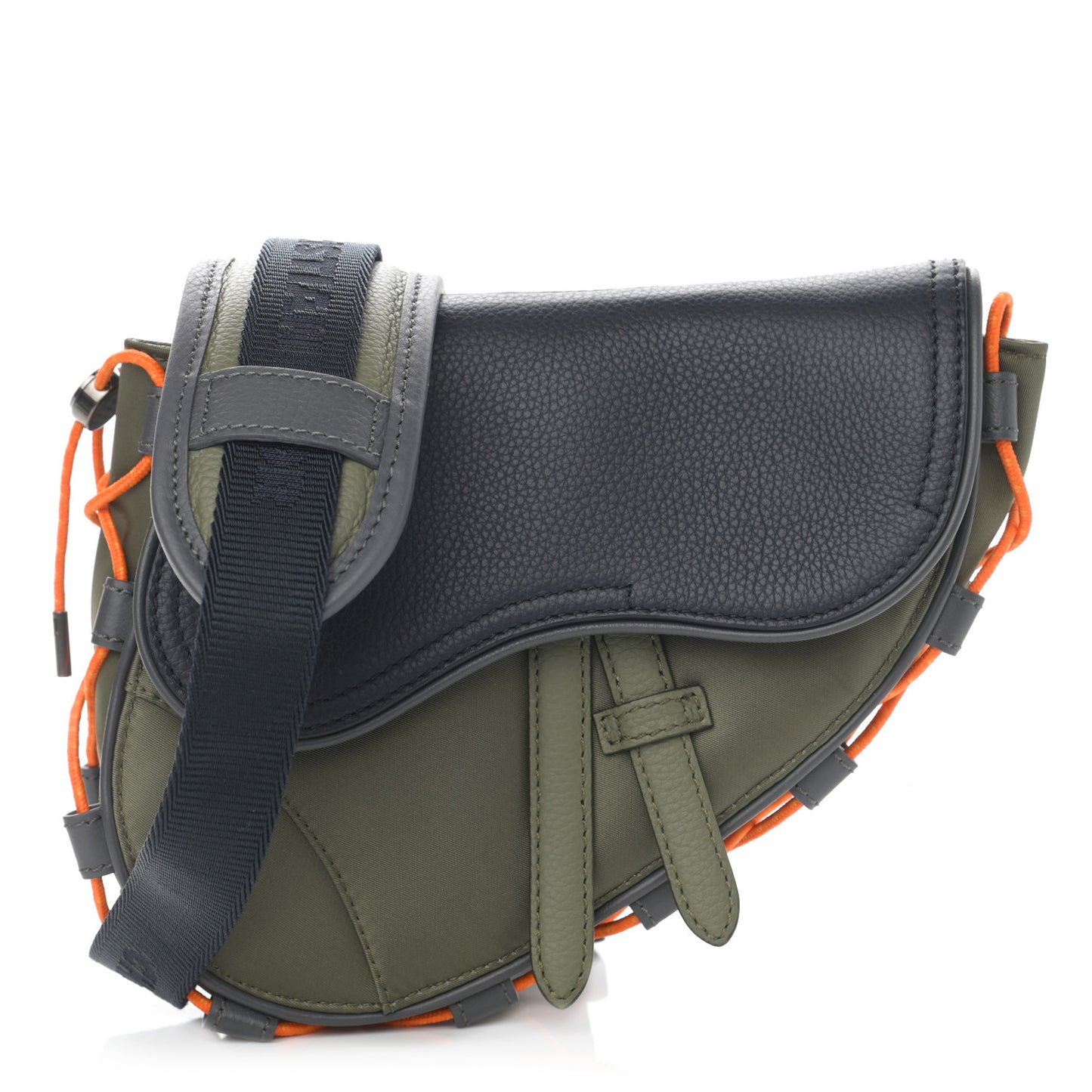 X SACAI Grained Calfskin Technical Fabric Mens Saddle Bag Olive Navy Blue