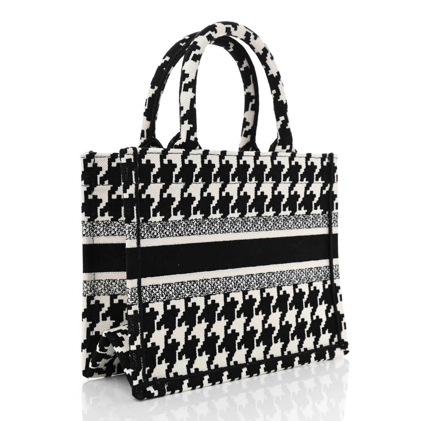 Canvas Houndstooth Embroidered Small Book Tote Black White