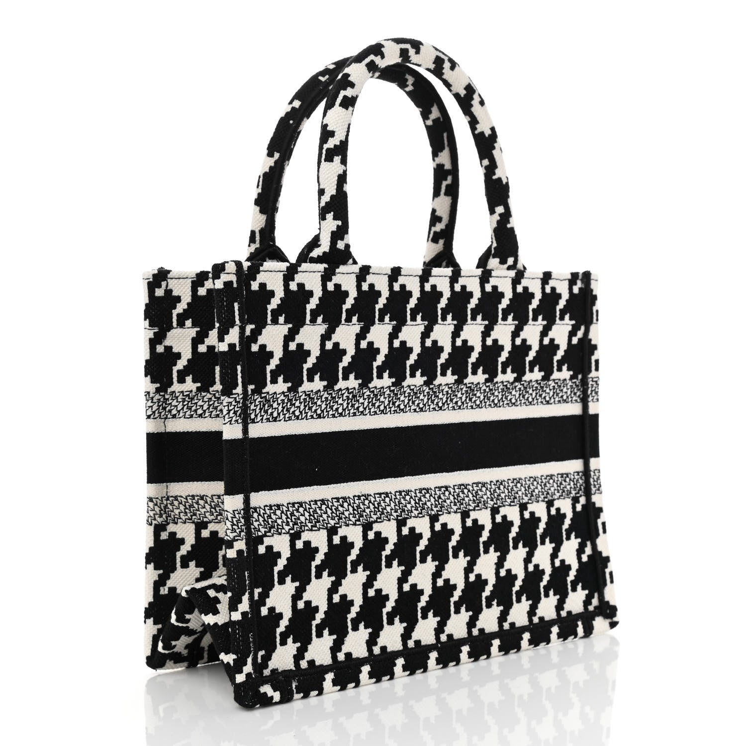 Christian Dior Canvas Houndstooth Embroidered Small Book Tote Black White 3 of 8