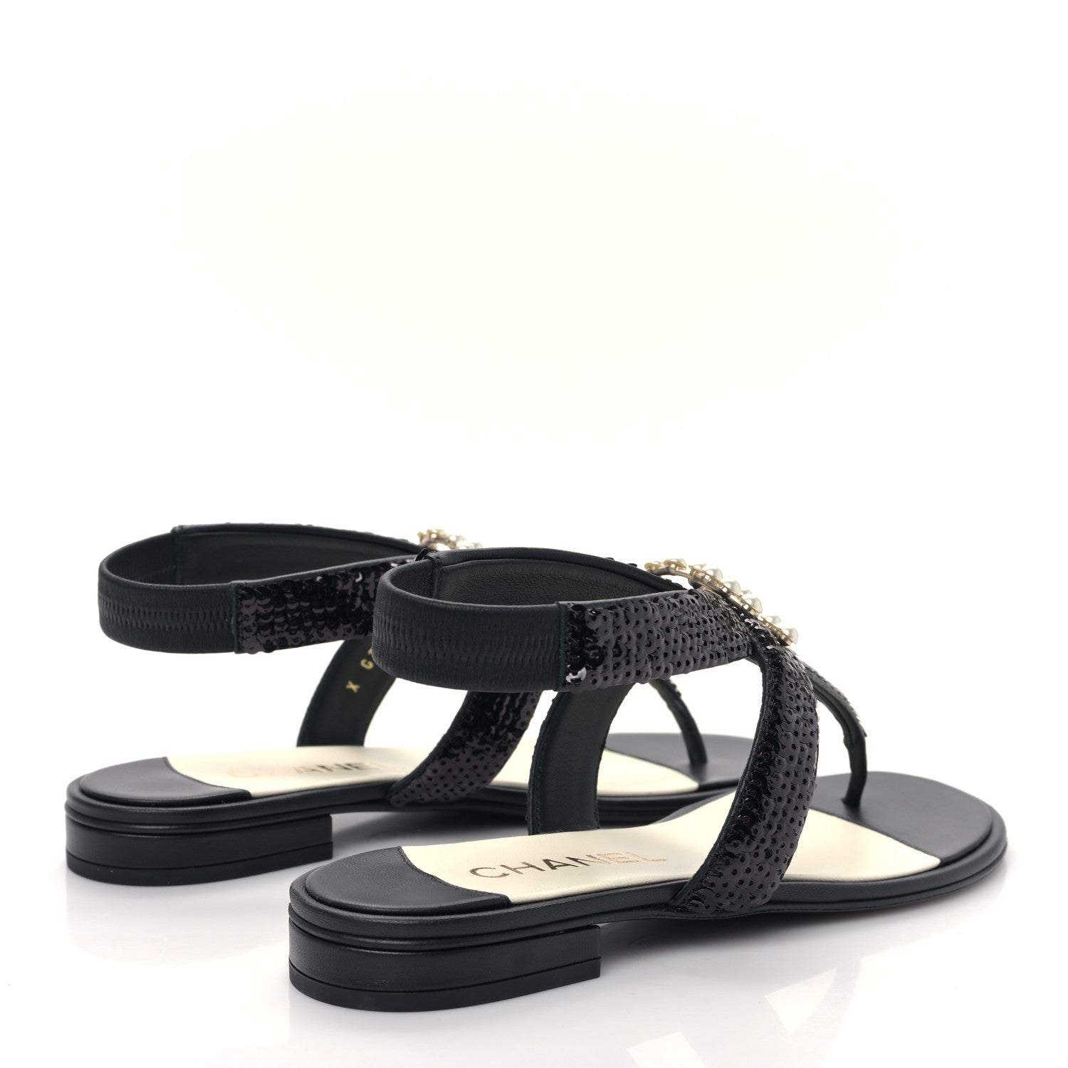 Chanel Lambskin Sequin Pearl CC Thong Sandals 36 Black 4 of 8
