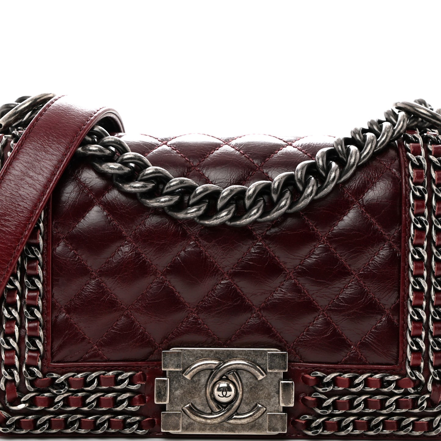 Glazed Calfskin Quilted Small Boy Chained Flap Burgundy
