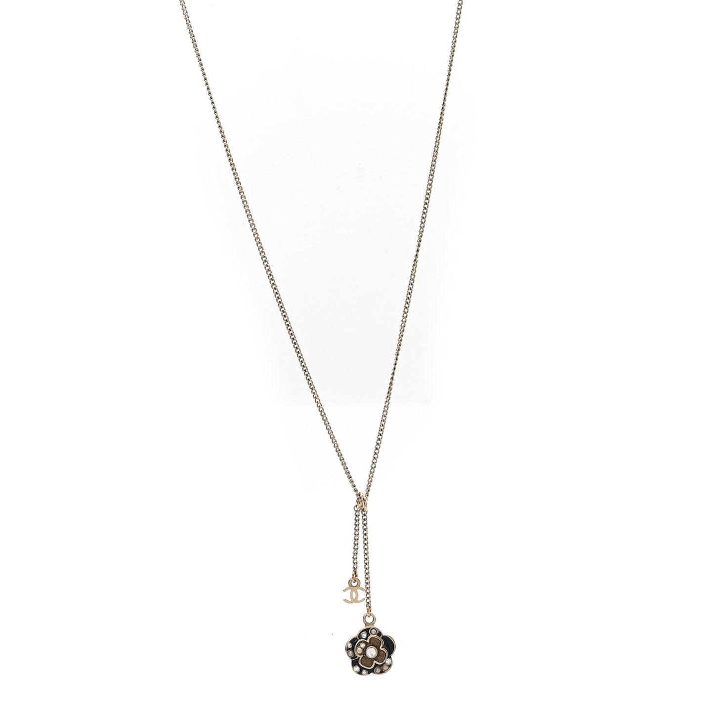 Enamel Crystal Pearl CC Camellia Drop Necklace Gold Black