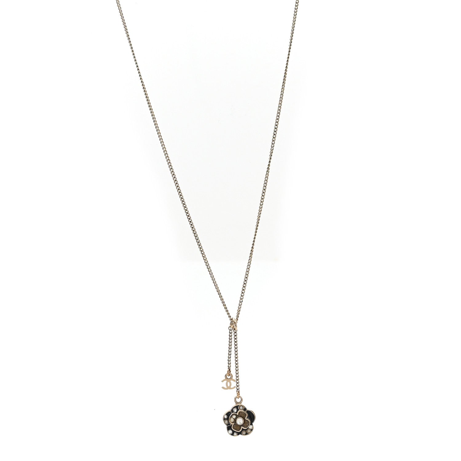 Chanel Enamel Crystal Pearl CC Camellia Drop Necklace Gold Black 1 of 4