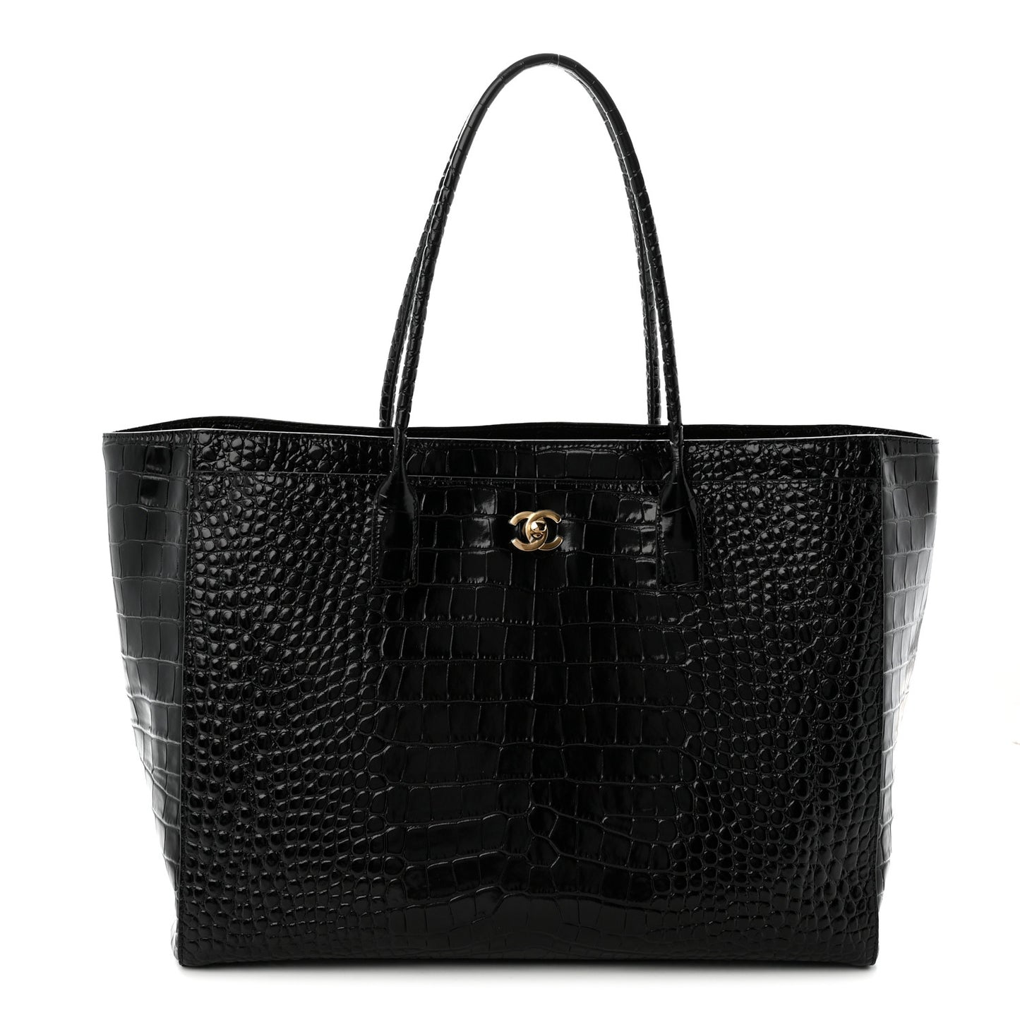 Calfskin Crocodile Embossed Archetype Large Shopping Tote Black