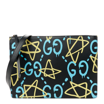 Gucci Calfskin GucciGhost Print GG Messenger Bag Black New Acquamarine 1 of 12