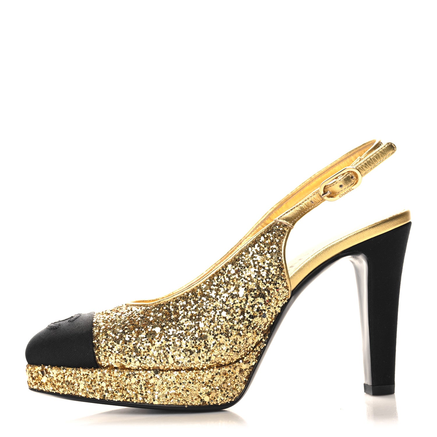 Chanel Glitter Grosgrain Cap Toe CC Slingback Pumps 36 Gold Black 1 of 9