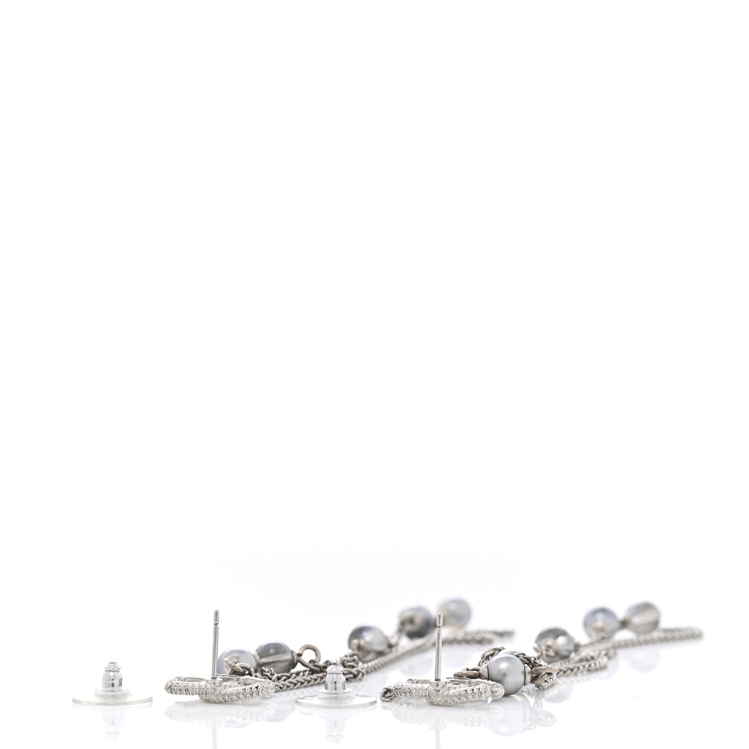Chanel Metal Chain Pearl CC Drop Earrings Silver 4 of 5