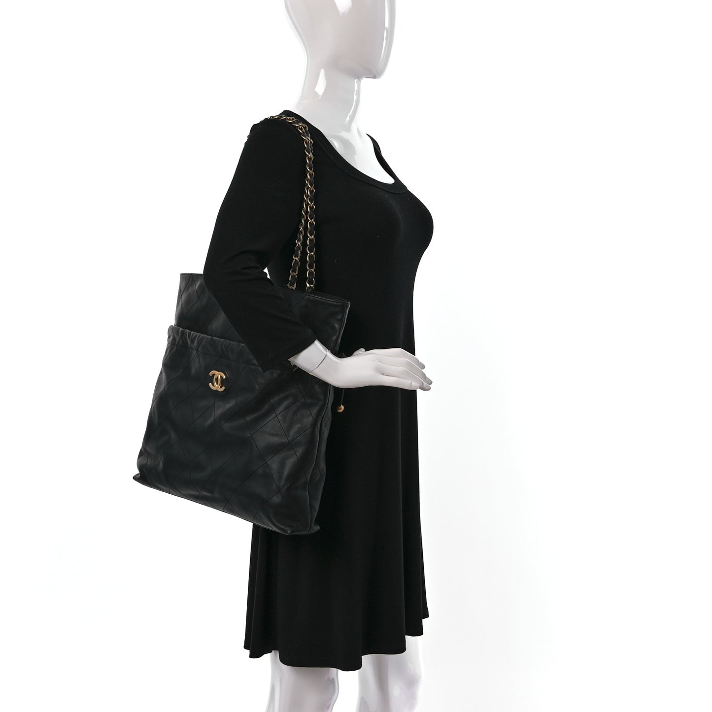 Calfskin Quilted Drawstring Tote Black