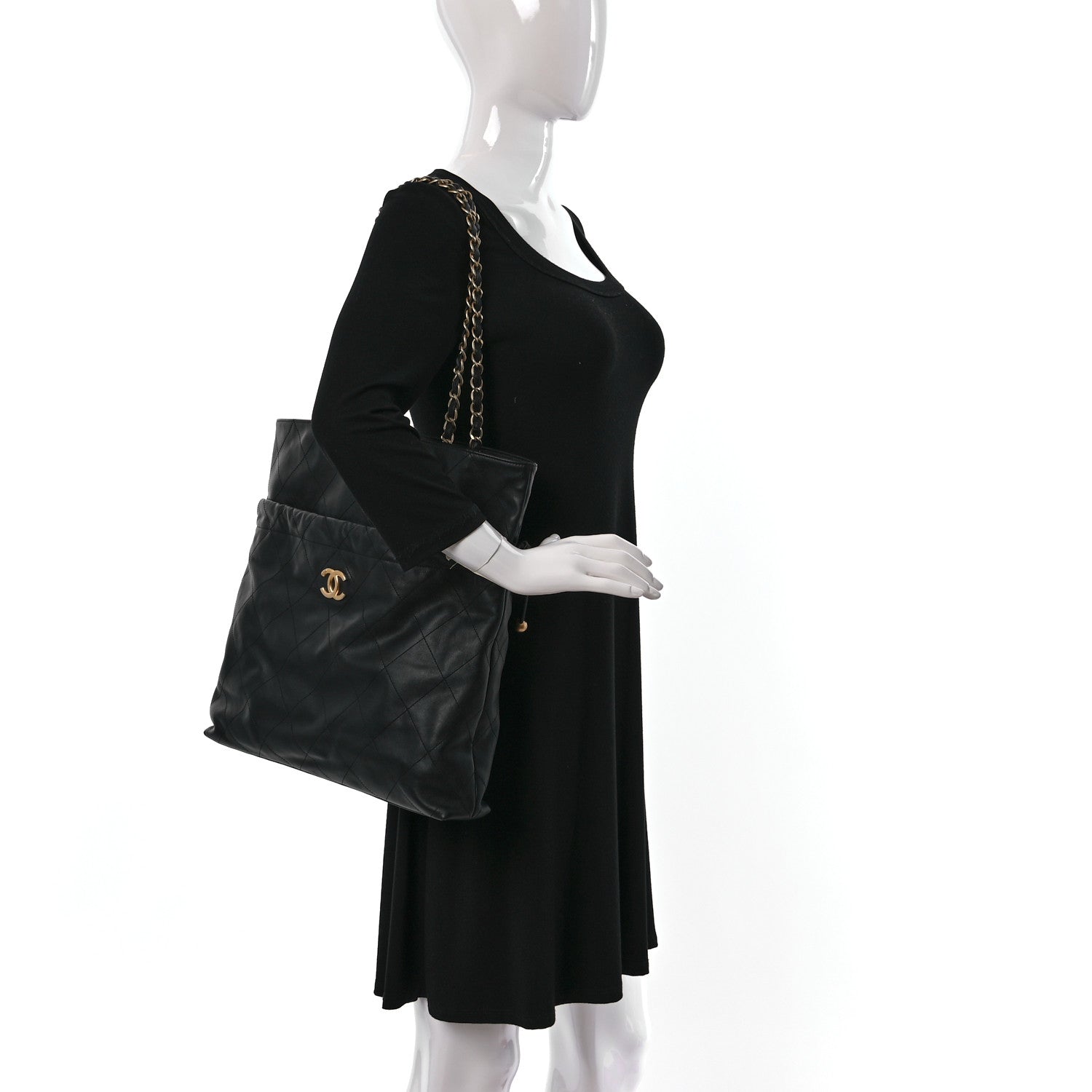 Chanel Calfskin Quilted Drawstring Tote Black 2 of 10