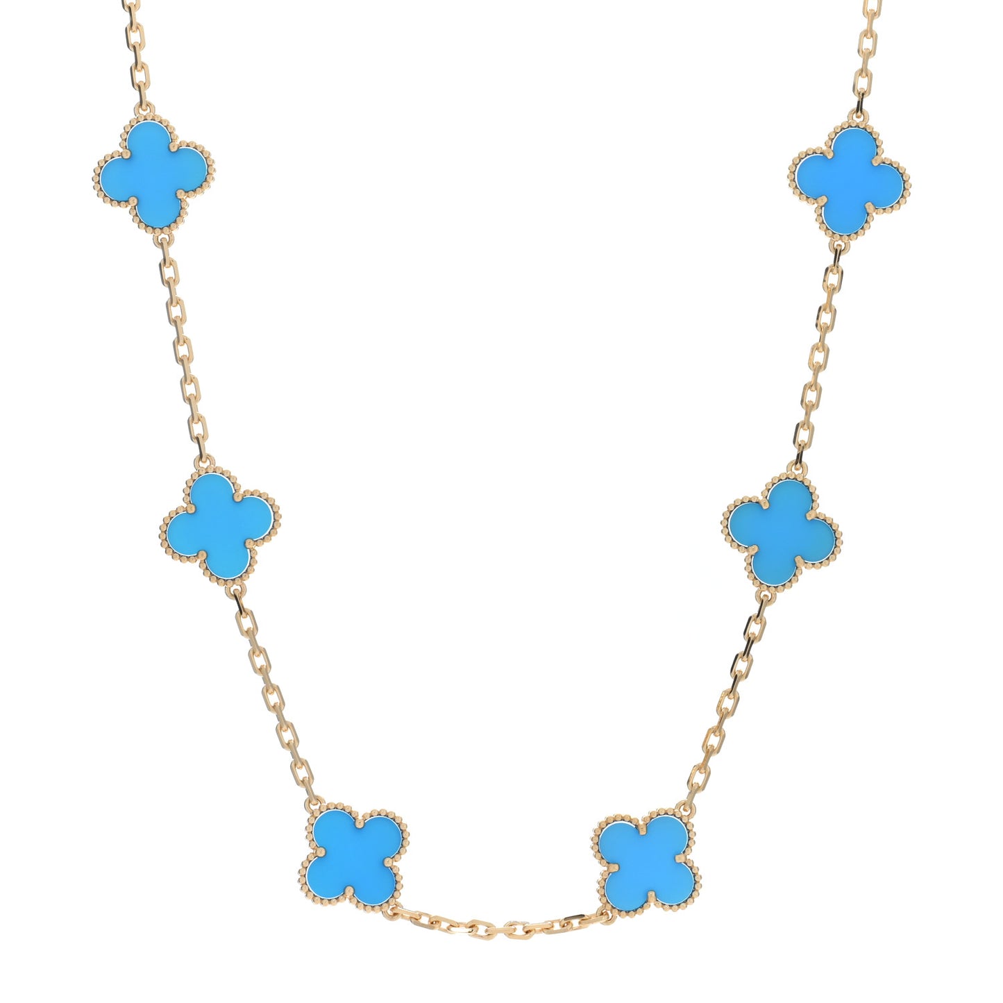 18K Yellow Gold Blue Agate 10 Motifs Vintage Alhambra Necklace