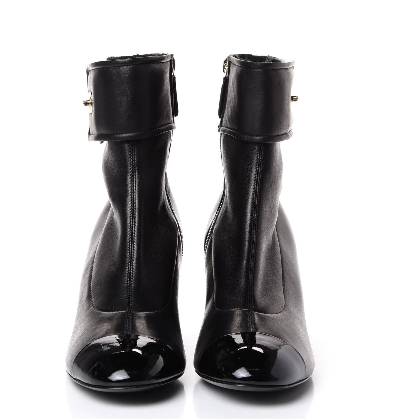Lambskin Patent Cap Toe CC Turnlock Ankle Boots 40 Black