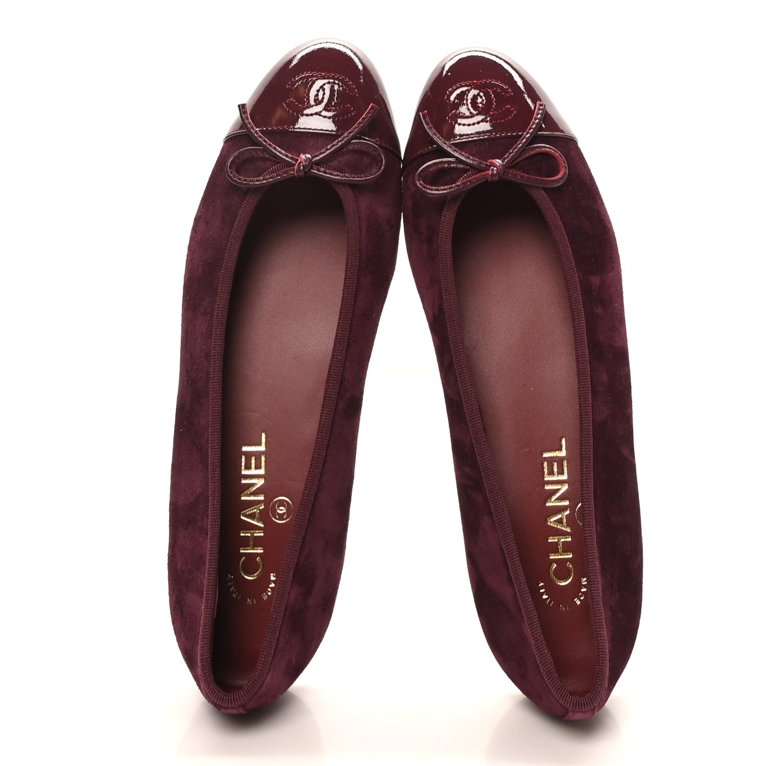 Chanel Suede Patent Calfskin Cap Toe CC Ballerina Flats 39 Burgundy 3 of 10