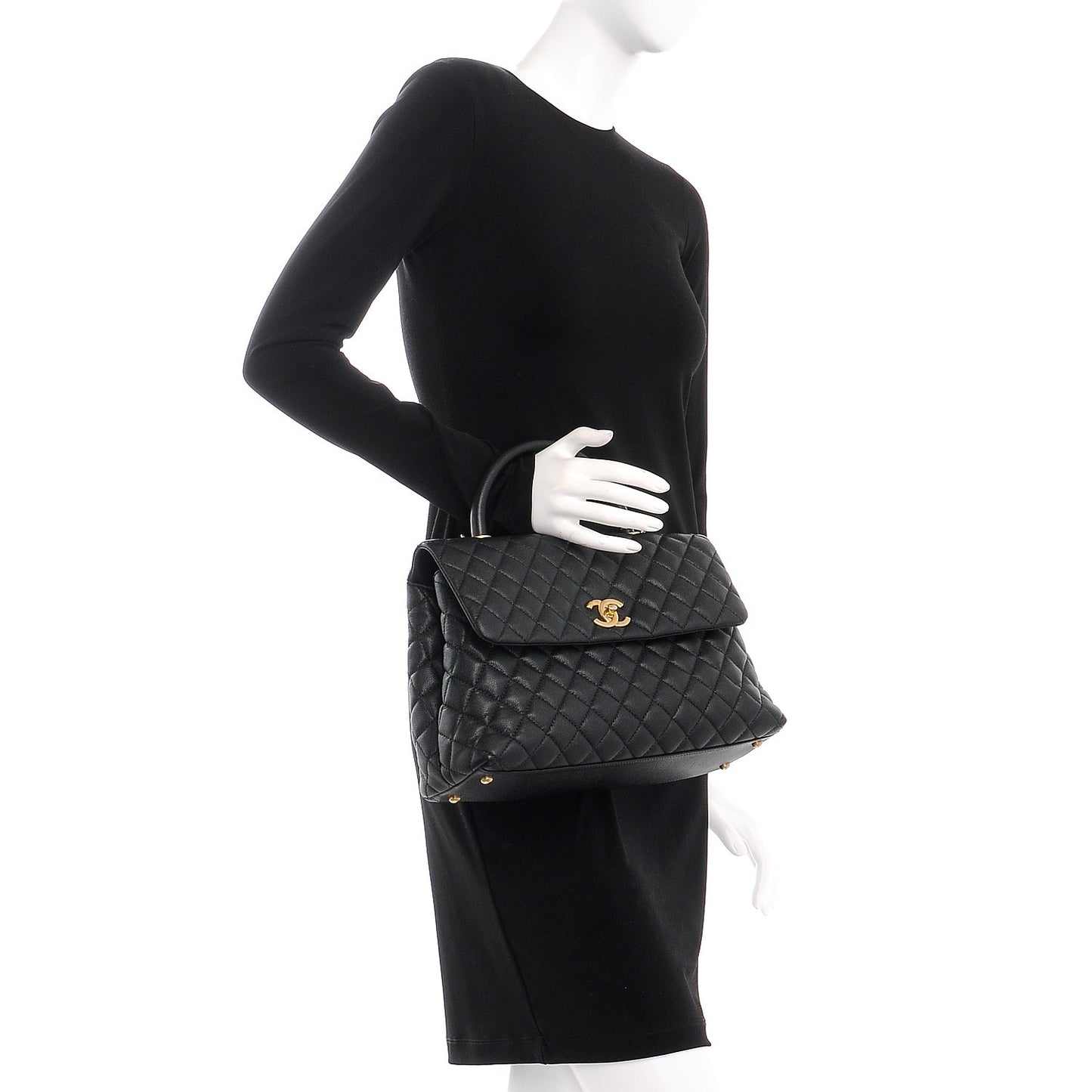 Caviar Quilted Large Coco Handle Flap Black