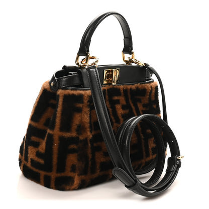 Fendi Shearling Nappa Macro FF 1974 Mini Peekaboo Iconic Satchel Tobacco Black 3 of 9