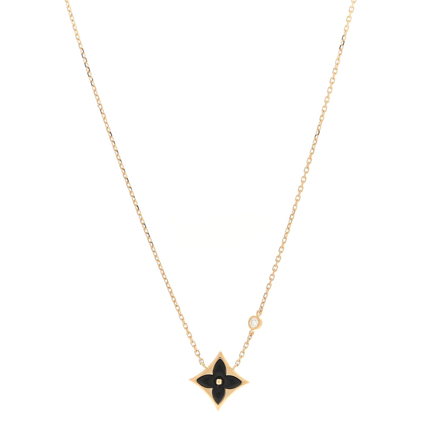 18K Yellow Gold Diamond Black Onyx Color Blossom BB Star Pendant Necklace