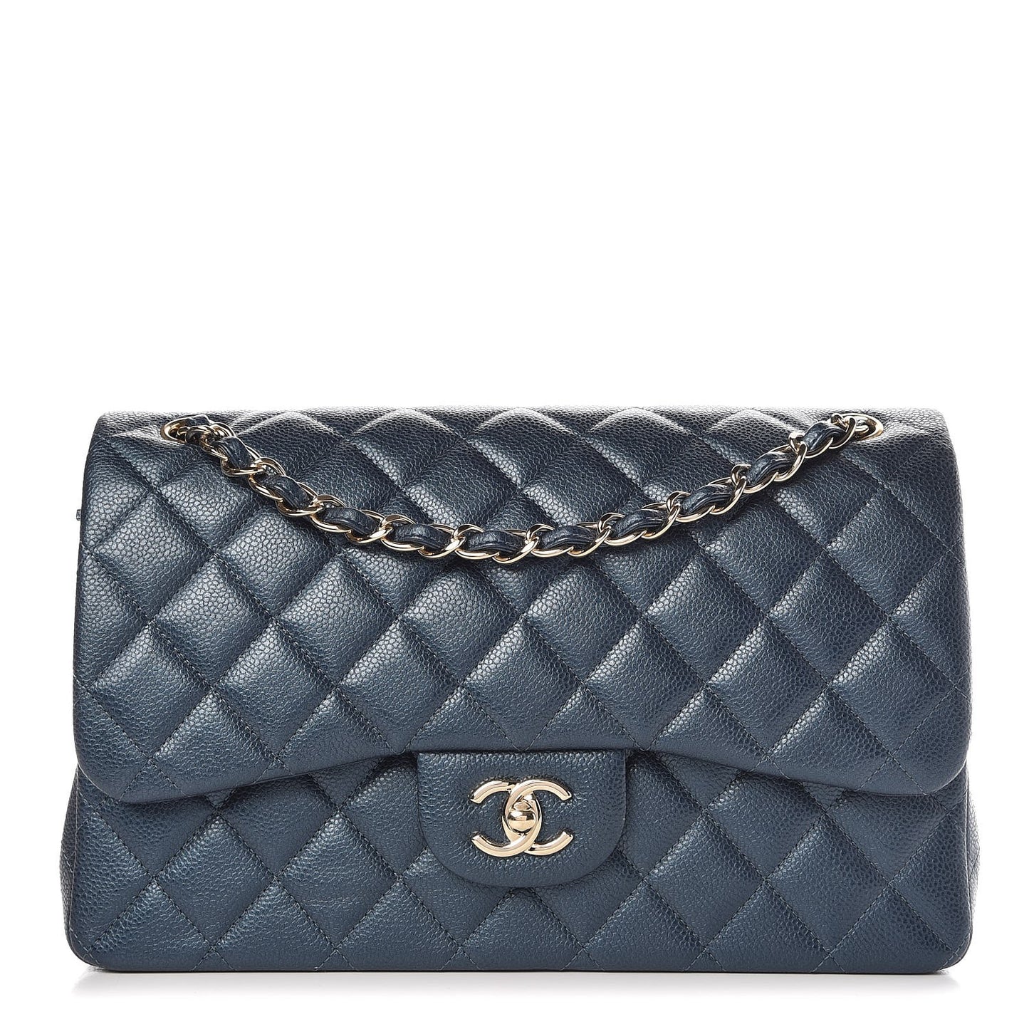 Metallic Caviar Quilted Jumbo Double Flap Dark Blue