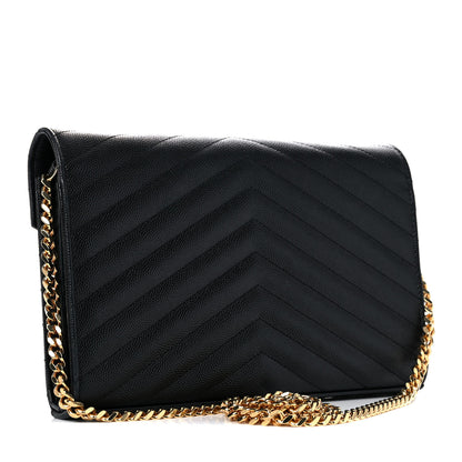 Saint Laurent Grain De Poudre Matelasse Chevron Monogram Chain Wallet Black 3 of 12