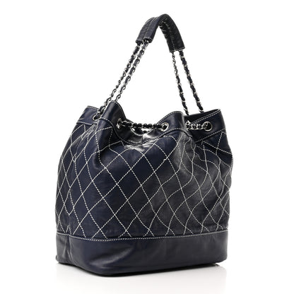 Chanel Lambskin Contrast Stitch Large Drawstring Tote Navy 3 of 10