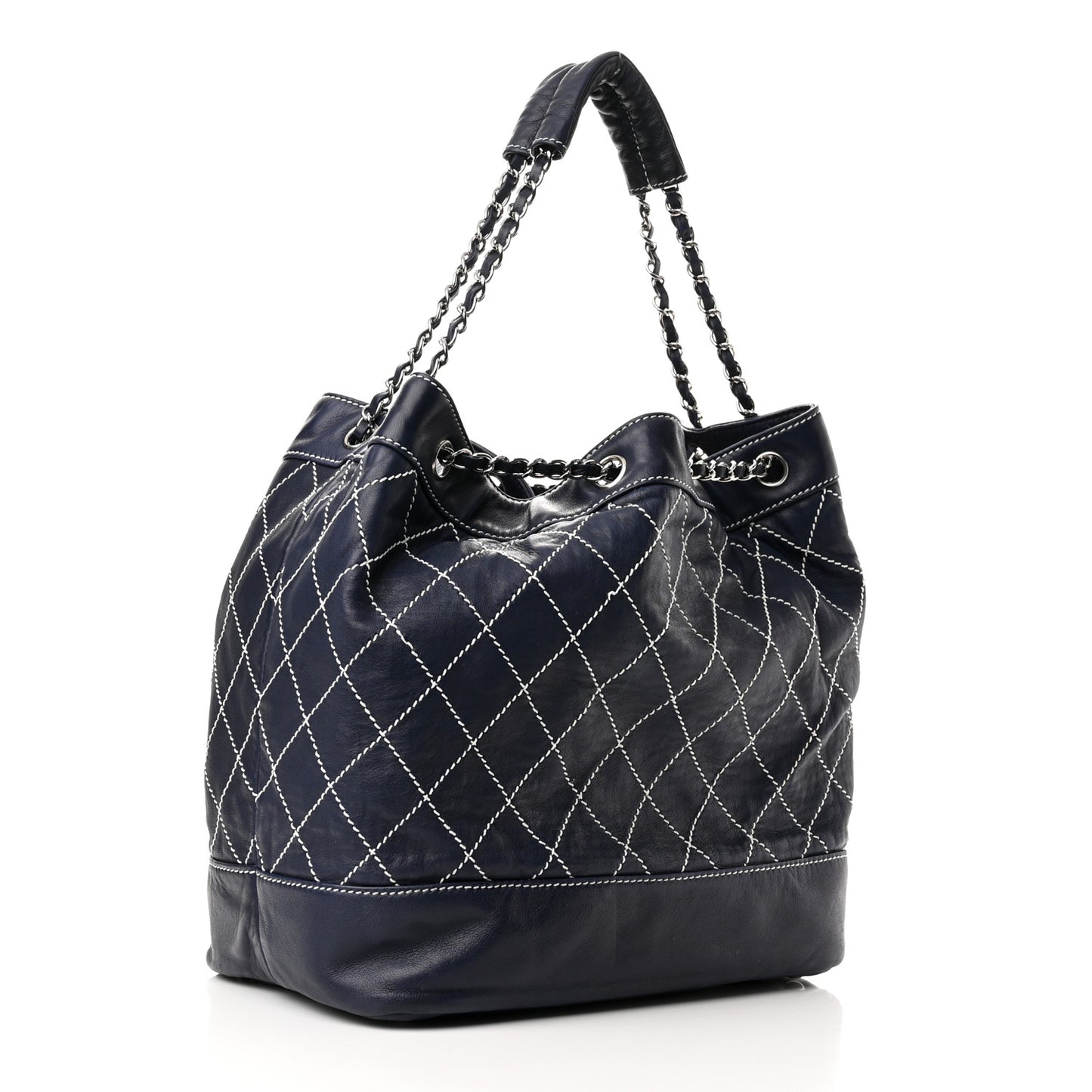 Lambskin Contrast Stitch Large Drawstring Tote Navy