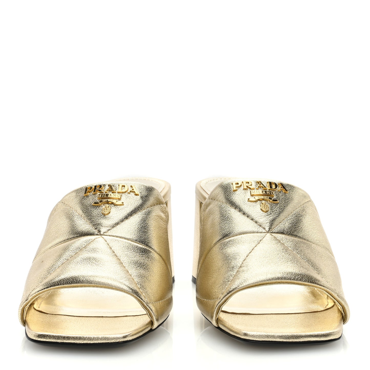 Nappa Logo Quilted 65mm Block Heel Slide Sandals 39 Gold