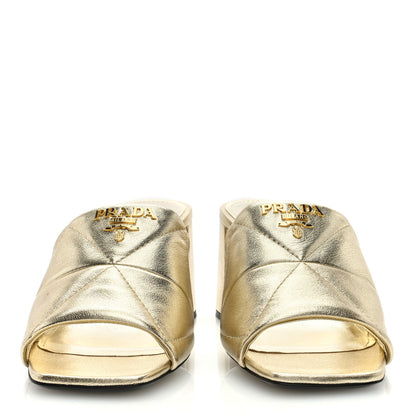 Prada Nappa Logo Quilted 65mm Block Heel Slide Sandals 39 Gold 2 of 7