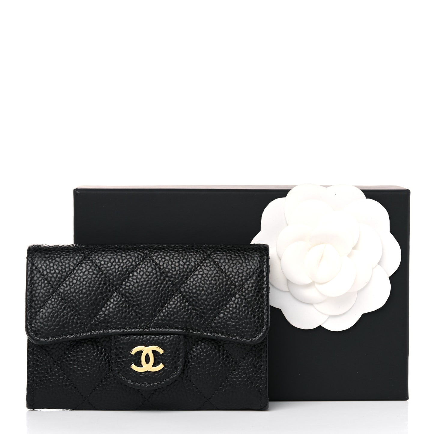 Caviar Quilted Flap Card Holder Wallet Black