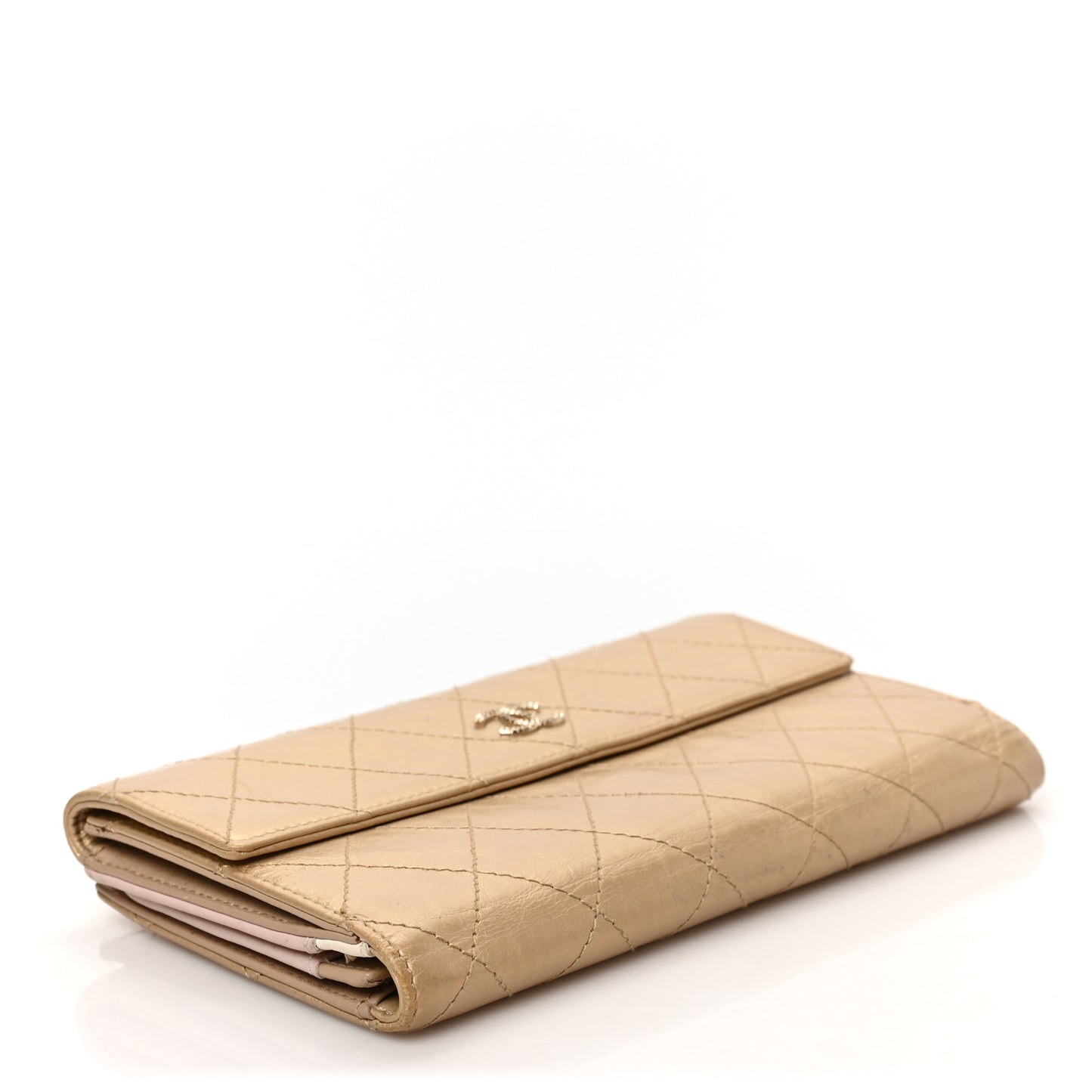 Metallic Calfskin Quilted Long Flap Wallet Gold
