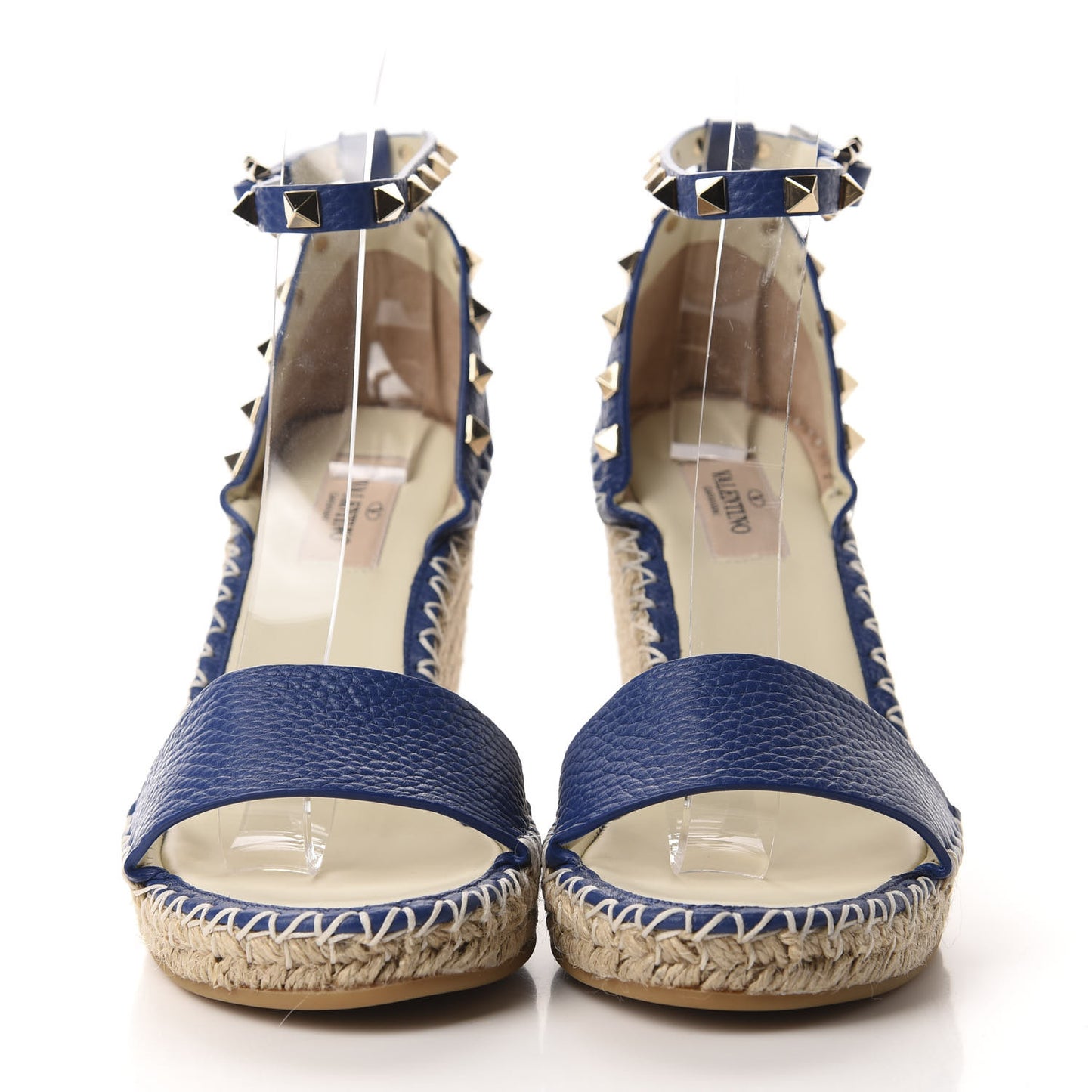 Grained Calfskin Rockstud Ankle Strap Espadrille 15/105mm Wedge Sandals 38 Blu Delft Natural