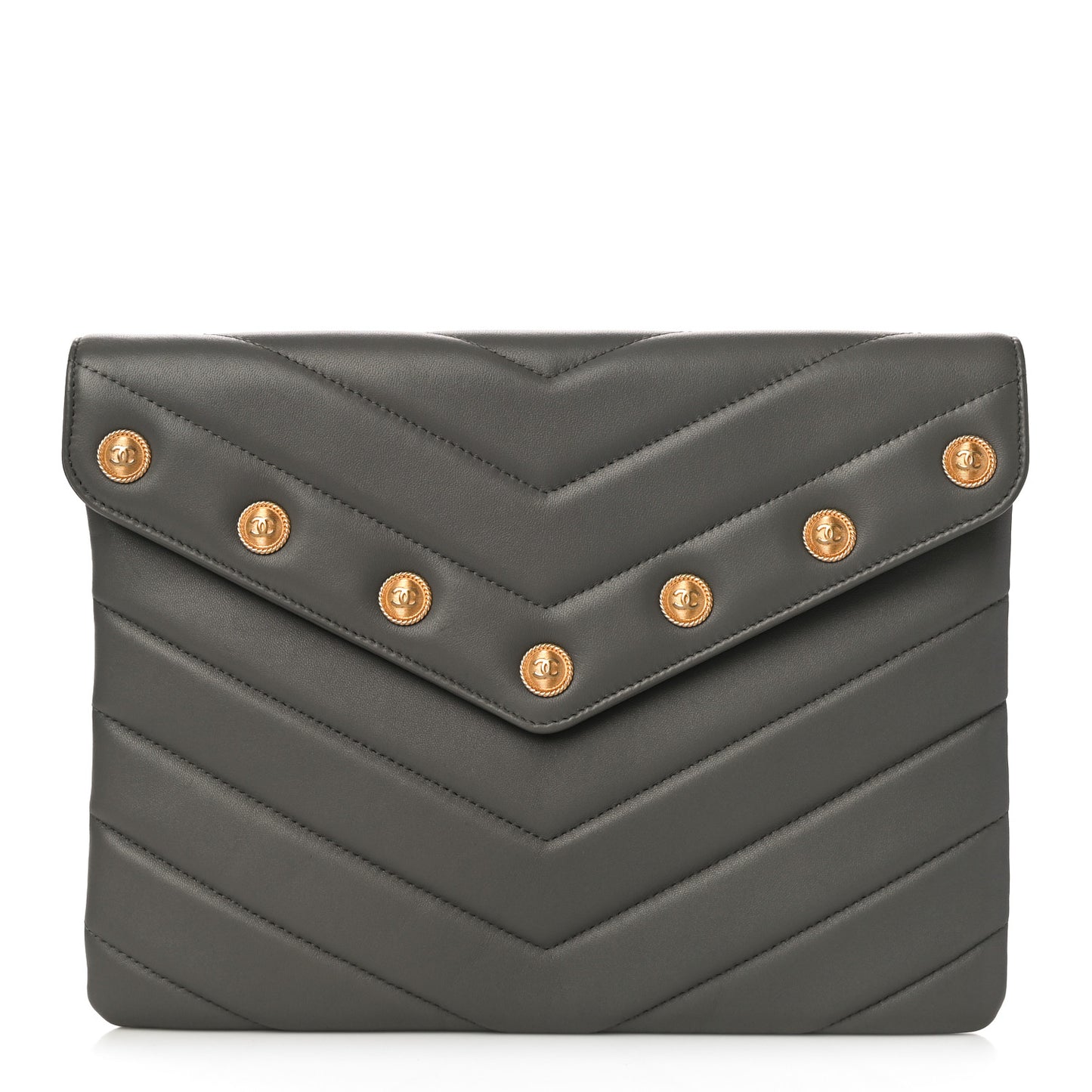 Calfskin Chevron Quilted CC Button Envelope Pouch Grey