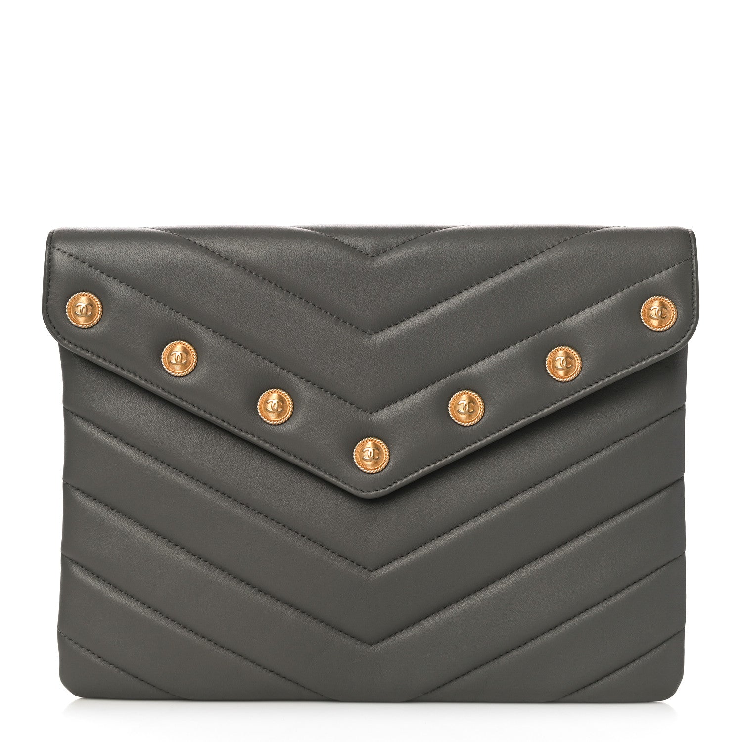 Chanel Calfskin Chevron Quilted CC Button Envelope Pouch Grey 1 of 11