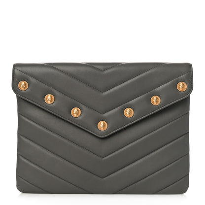 Chanel Calfskin Chevron Quilted CC Button Envelope Pouch Grey 1 of 11