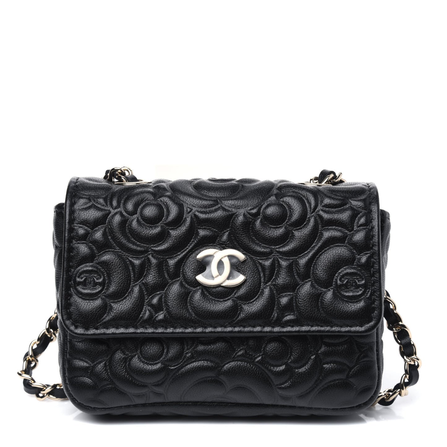 Lambskin Camellia Embossed Chain Belt Bag Black