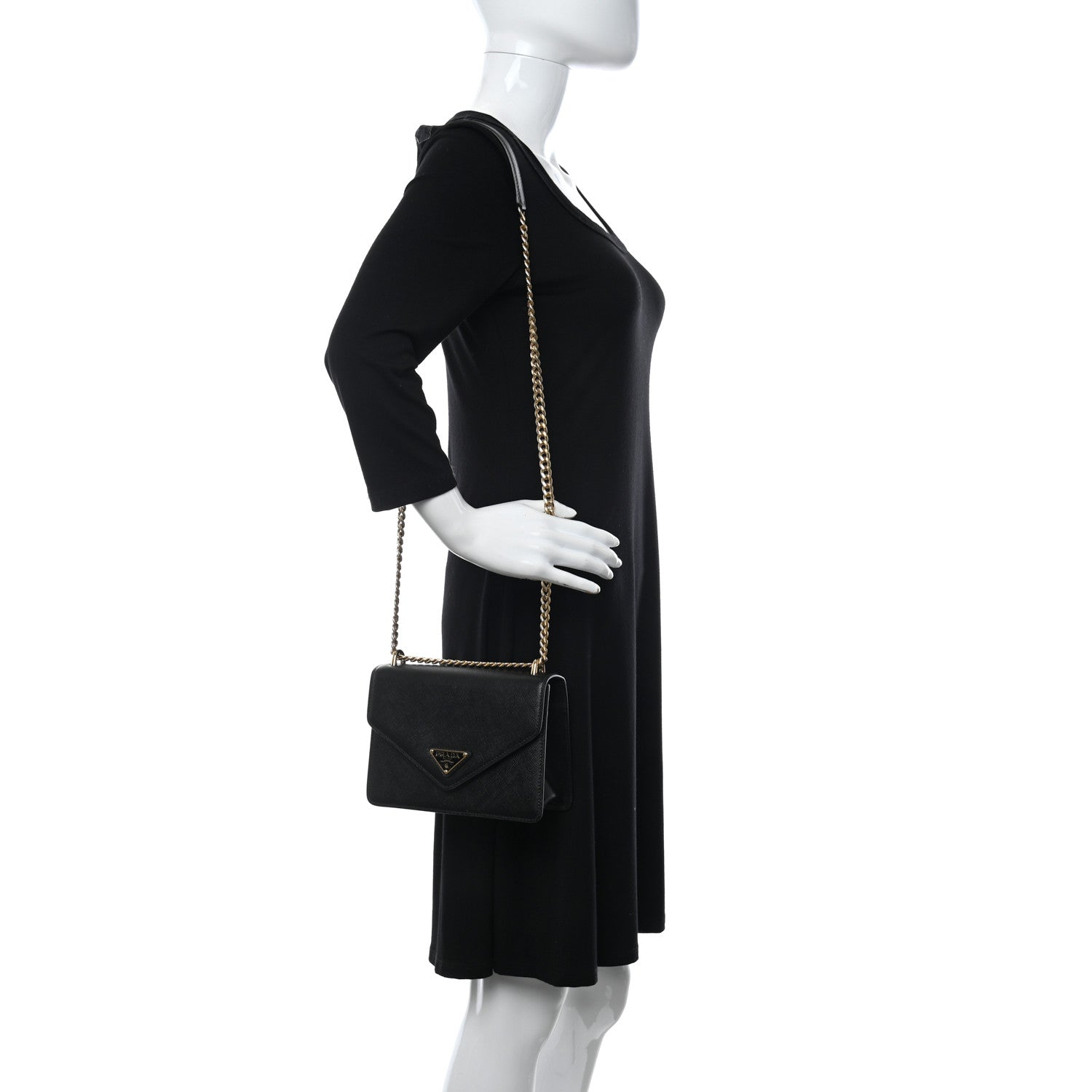 Prada Saffiano Lux Metal Triangle Logo Mini Envelope Chain Shoulder Bag Black 2 of 8