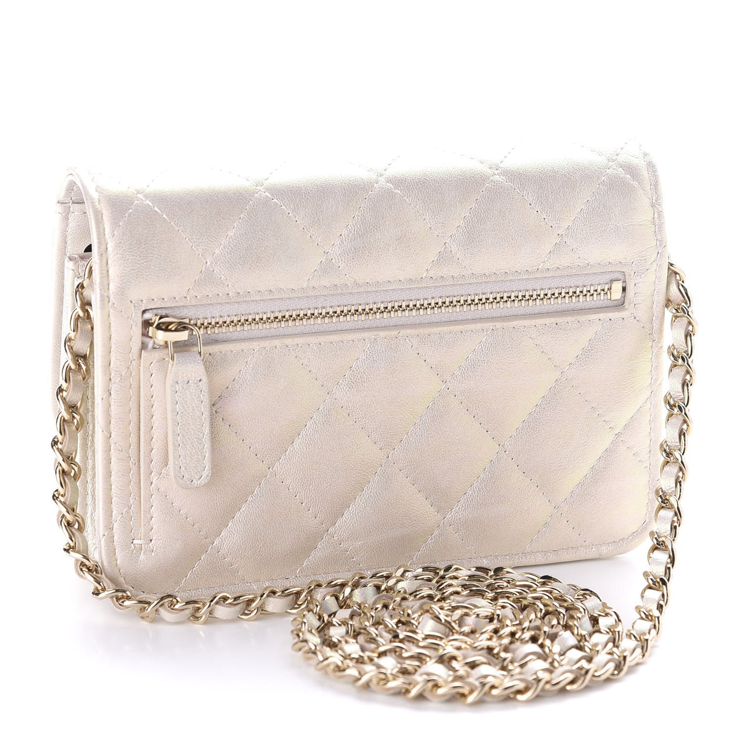 Iridescent Lambskin Quilted Mini Wallet On Chain WOC Ivory