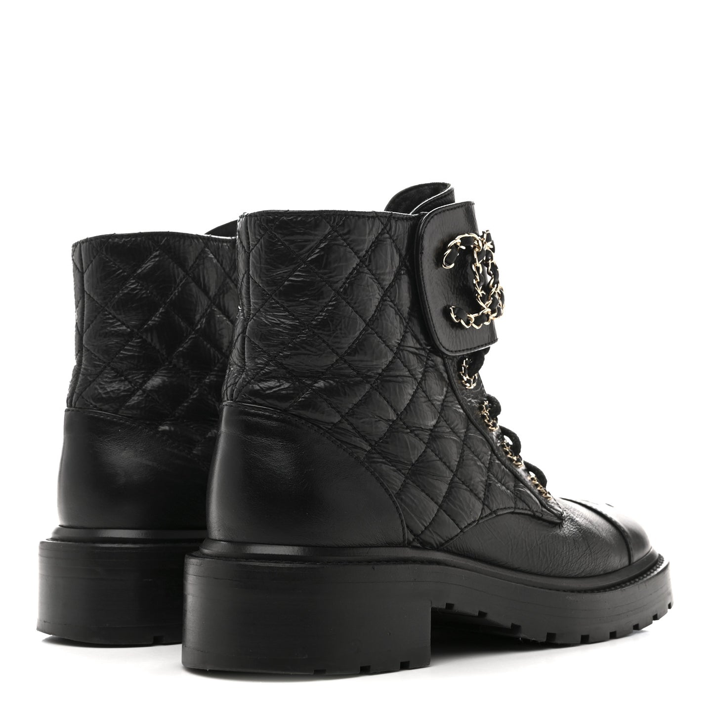 Shiny Goatskin Calfskin Quilted Lace Up Combat Boots 37 Black