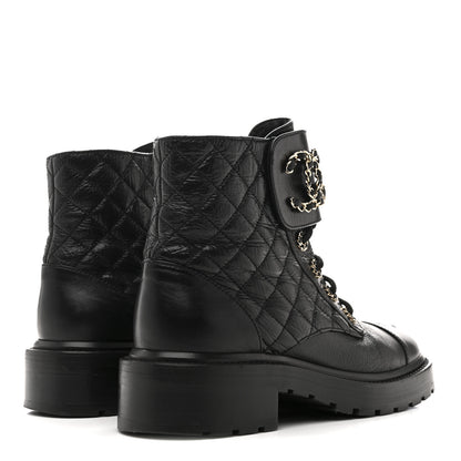 Chanel Shiny Goatskin Calfskin Quilted Lace Up Combat Boots 37 Black 5 of 10