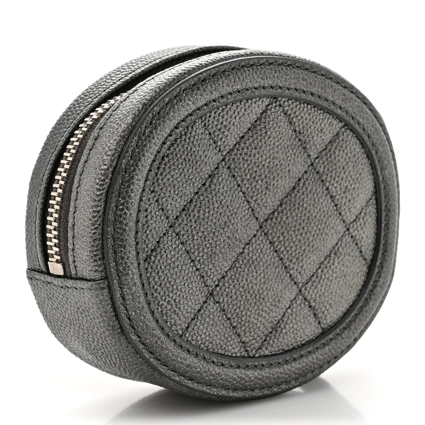 Metallic Caviar Quilted Filigree Zip Around Classic Coin Purse Dark Silver