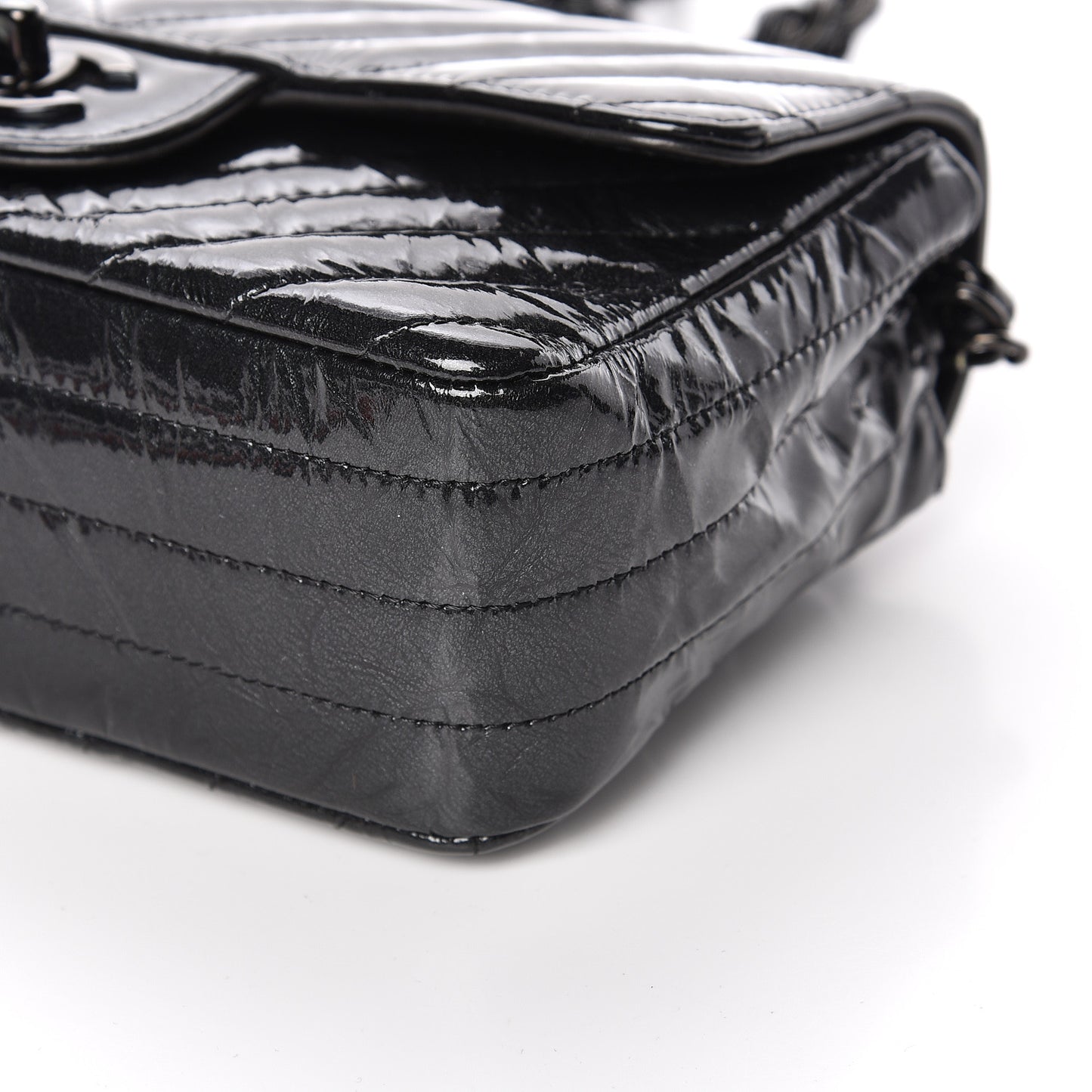 Patent Metallic Crumpled Calfskin Chevron Quilted Mini Rectangular Flap So Black