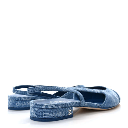 Chanel Denim Printed Denim Mood Cap Toe CC Slingback Flats 39.5 Light Blue Multicolor 4 of 9