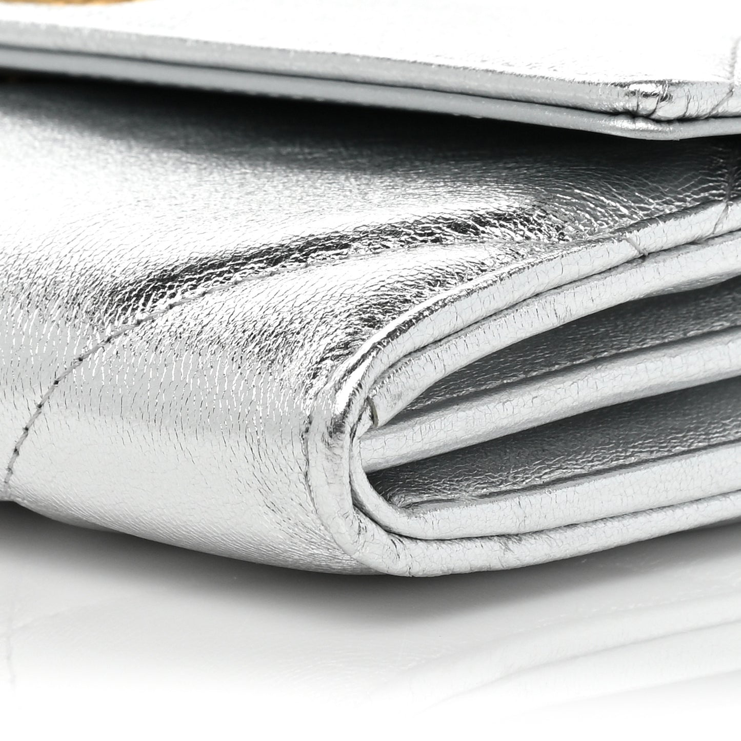 Metallic Lambskin Quilted Chanel 19 Flap Wallet Silver