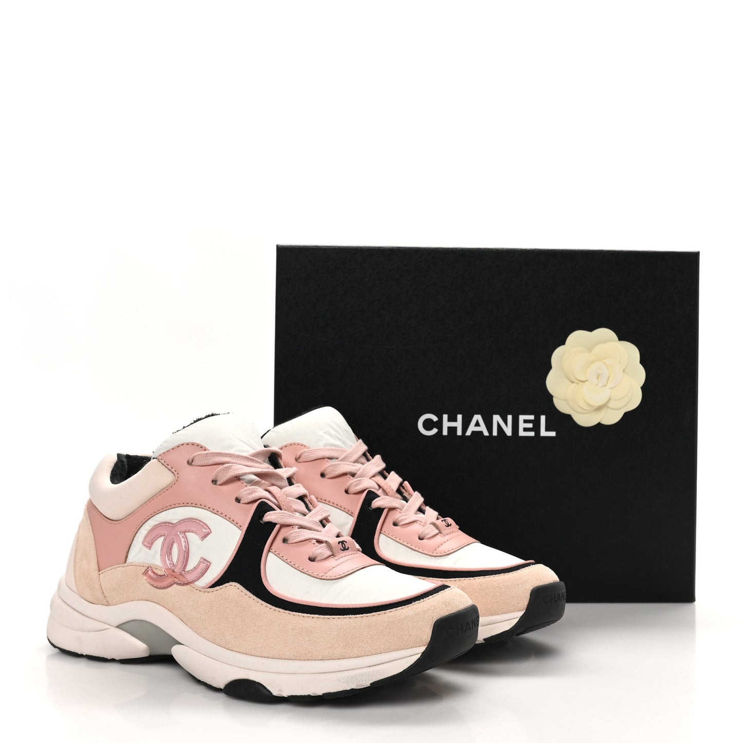 Nylon Lambskin Suede Calfskin CC Sneakers 40.5 Pink White Black