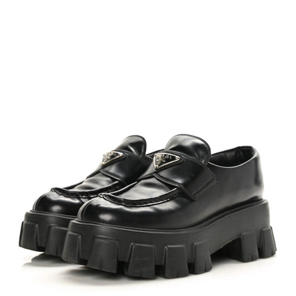 Prada Spazzolato Rois Metal Triangle Logo Monolith 55mm Loafers 35 Black 3 of 9