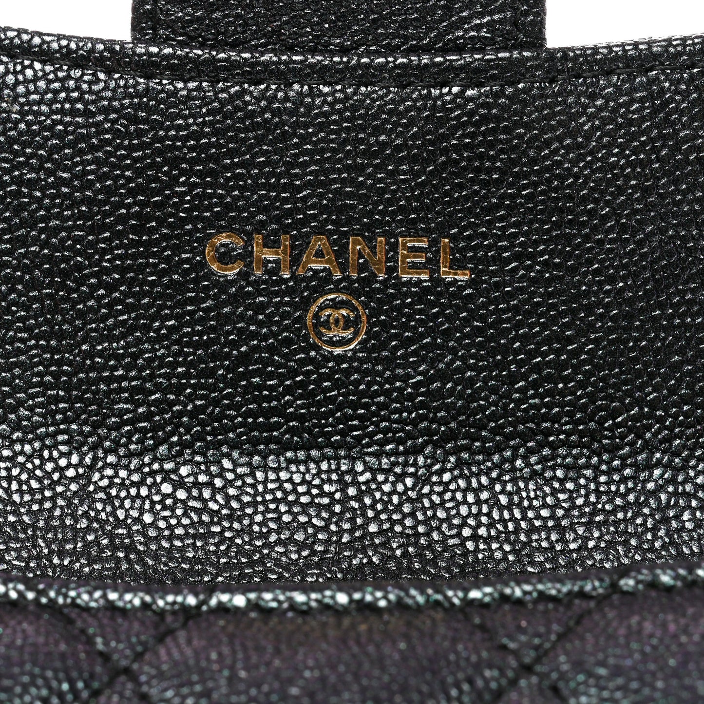 Iridescent Caviar Quilted Flap Card Holder Wallet Black
