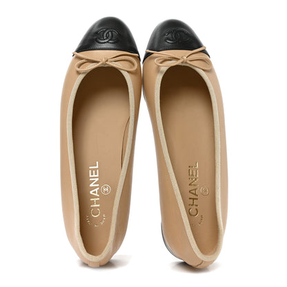 Chanel Lambskin Cap Toe CC Ballerina Flats 39 Beige Black 2 of 9