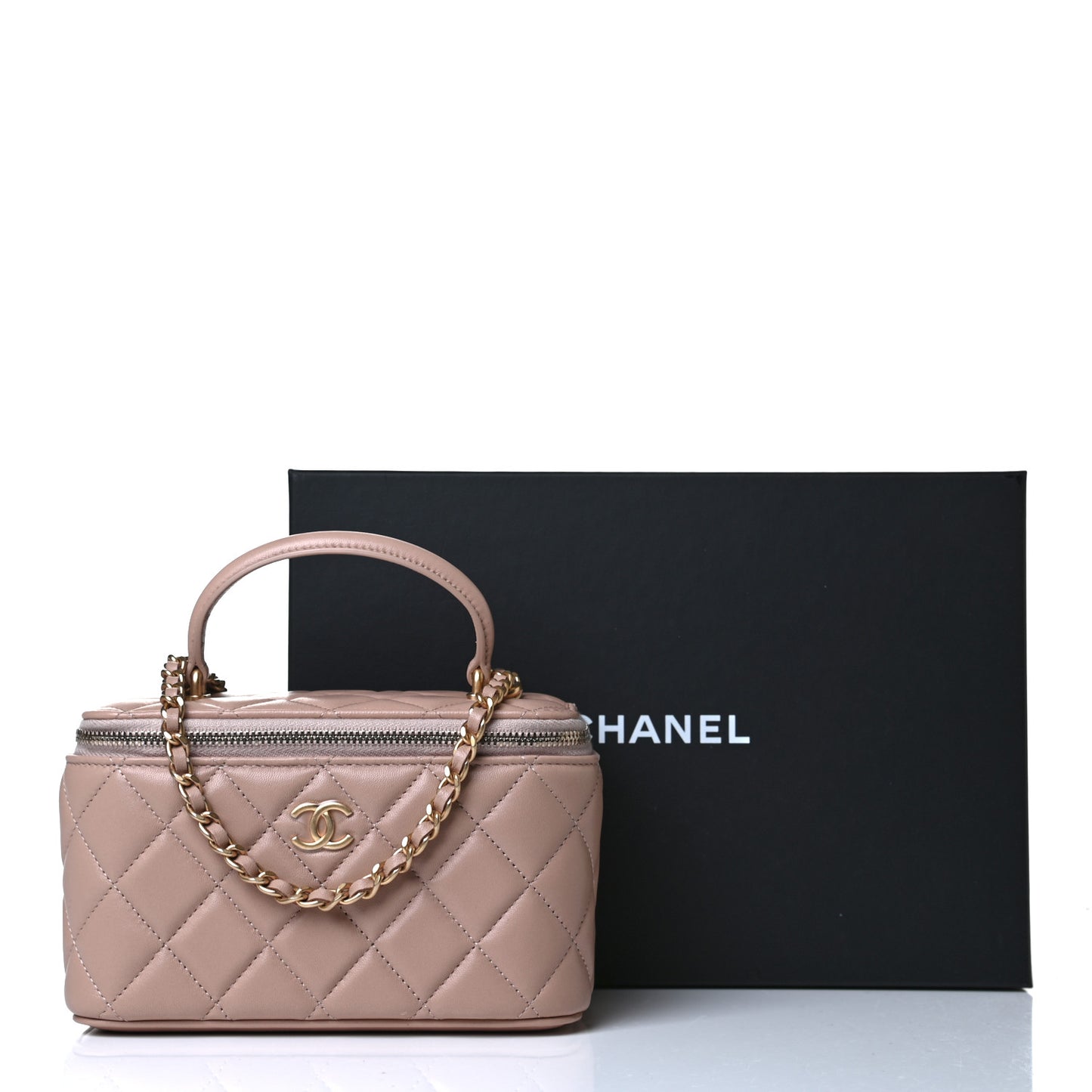 Lambskin Quilted Small Top Handle Vanity Case With Chain Beige